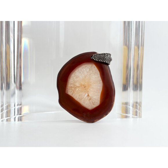 Polished Brown Crystal Free-Form Shaped Large Silver Toned Vintage Pendant - Picture 2 of 15